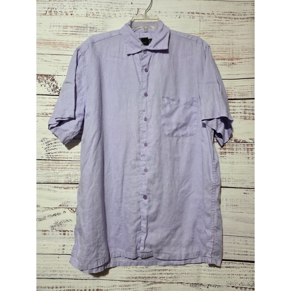 Pronto Uomo Mens Large Lavender 100% Linen Short Sleeve Button Up Shirt Purple